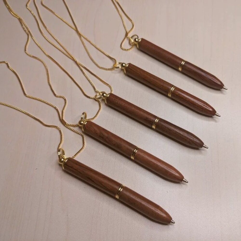 Wood Pen Necklace with Gold Chain Ballpoint pen wooden elegant vintage style 30"